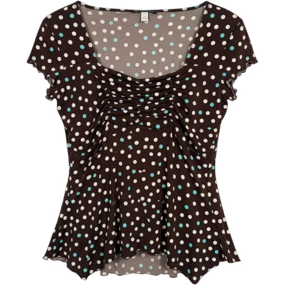 Vintage y2K Polka Dot Fairycore Witchy Blouse Womens Size LG Ruched Chocolate